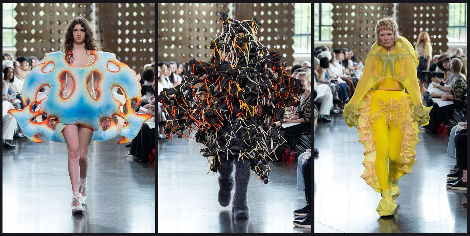 three models walking in unconventionally-constructed garments