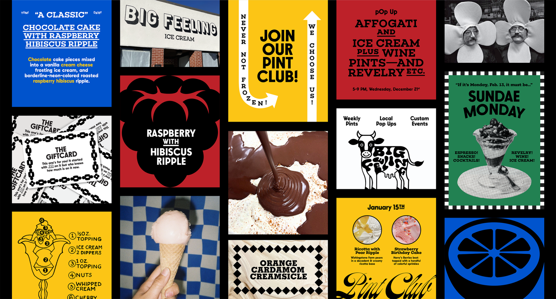 Various designs for Big Feeling Ice Cream arranged in a grid